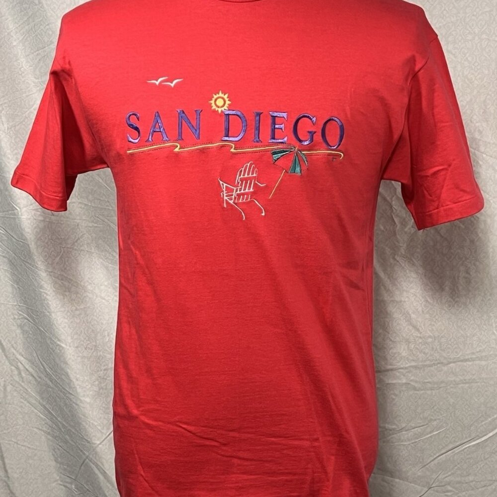 San Diego Embroidered Graphic T Shirt Red USA Made Beach Tee